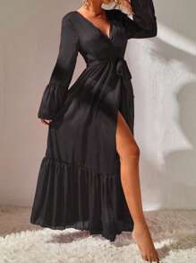 Swim Vcay 荷葉袖荷葉邊腰帶和服罩衫 - 黑色 - 查看 4