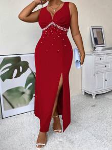 SHEIN Belle 加珍珠串珠开叉大腿背心裙新年服装长款女装 - 紅色 - 查看 5