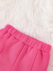 SHEIN 女小童素色連帽衫和接縫細節衛褲 - 玫紅色 - 查看 7