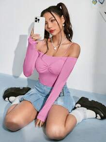 SHEIN MOD 前扭結挖肩T恤 - 玫紅色 - 查看 4