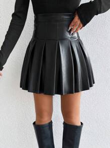 EURMUSE Women's Black High Waist Pleated PU Leather Mini Skirt - Black - View 1