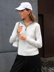 SHEIN Essnce 1/4拉鍊條紋針織1/4拉鍊套頭毛衣 - 白色 - 查看 3