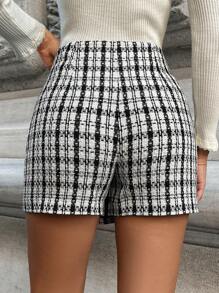 RueChic Women's Elegant High-Waisted Shorts Skirt With Plaid Pattern And Two Buttons - Black and White - View 2