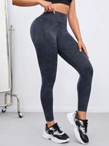 SHEIN Yoga Futuristic 無縫條紋圖案寬腰帶運動打底褲 - 黑色 - 查看 2