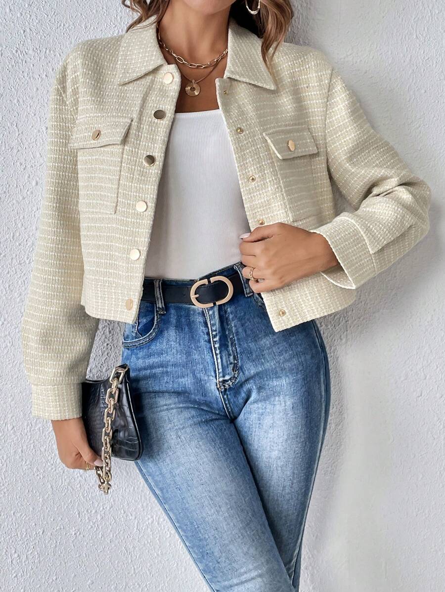 SHEIN Frenchy 翻蓋口袋落肩袖夾克 - 杏色 - 查看 1