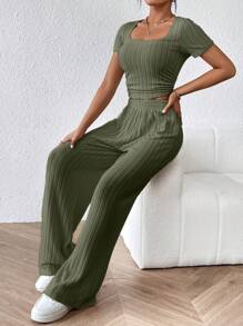 SHEIN Frenchy Square Neck Tee & Wide Leg Pants - Army Green - View 5