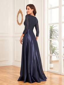 XUIBOL Contrast Sequin V Neck Formal Dress Elegant Prom Evening Wedding Guest Gown, For Graduation, Dinner - Navy Blue - View 2
