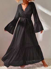 Swim Vcay 荷葉袖荷葉邊腰帶和服罩衫 - 黑色 - 查看 3