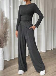 SHEIN Essnce Off Shoulder Ruched Top & Wide Leg Pants - Dark Grey - View 6