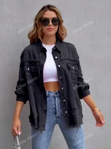 Camisa de mezclilla de manga larga con ajuste holgado, borde deshilachado y rasgado para mujer