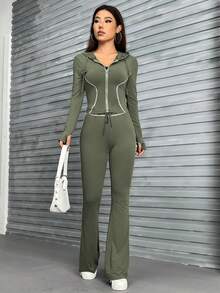 SHEIN EZwear Contrast Piping áo có mũ Áo khoác & Quần ống loe - xanh quân đội - Xem 3