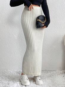 SHEIN Essnce 素色條紋針織半身裙 - 米色 - 查看 1