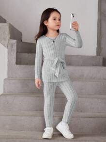 SHEIN 女小童條紋針織腰帶T恤和緊身褲