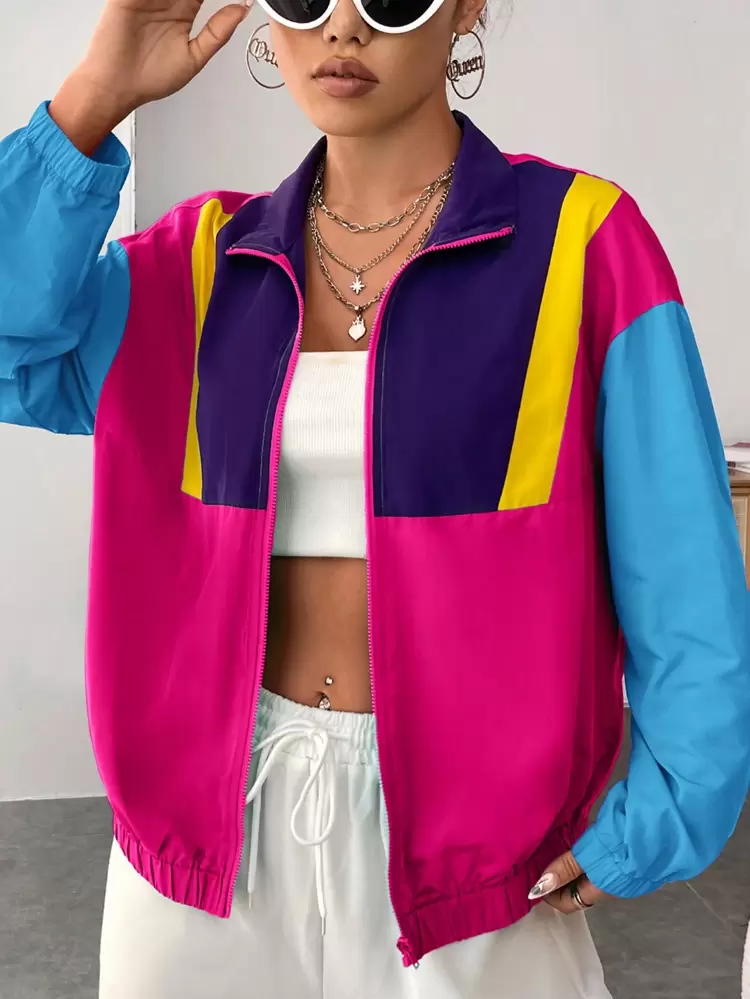 Colorblock Zip Up Drop Shoulder Jacket In Fall/Winter