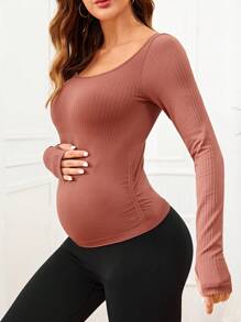 Maternity Scoop Neck Thumb Hole Tee - Brown - View 5