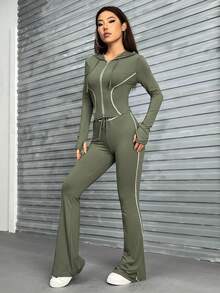 SHEIN EZwear Contrast Piping áo có mũ Áo khoác & Quần ống loe - xanh quân đội - Xem 6