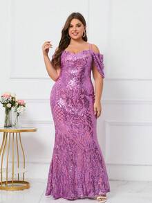Plus Cold Shoulder Mermaid Hem Sequin Formal Dress - Purple - View 4