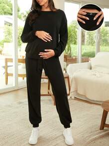 SHEIN 孕婦落肩套頭衫和可調節腰部運動褲套裝 - 黑色 - 查看 1