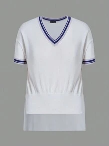 SHEINNeu Striped Trim Drop Shoulder Knit Top - White - View 1