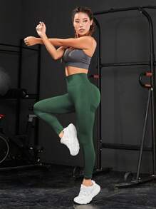 Easithlete Leggings de yoga inconsútil de cintura ancha de moldeador cadera Medias de entrenamiento - Verde Oscuro - Ver 7