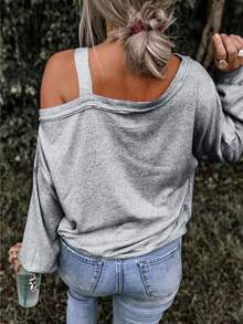 Women's Grey Knit Asymmetric Long Sleeve T-Shirt, Regular Length, Skull Print, Hollow-Out Design, Detailed Pattern - Grey - View 2