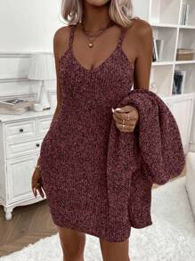 SHEIN LUNE 雜色針織落肩袖開襟衫&毛衣洋裝 - 紅木色 - 查看 5