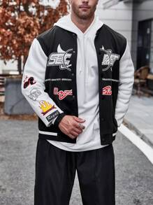 Manfinity LEGND Men Plus 1pc Letter Graphic Two Tone Striped Trim Varsity Jacket - Black - View 1