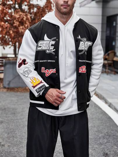 Manfinity LEGND Men Plus 1pc Letter Graphic Two Tone Striped Trim Varsity Jacket