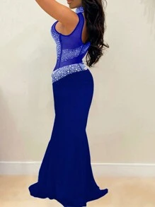 Rhinestone Detail Mock Neck Mermaid Hem Mesh Dress - Blue - View 2
