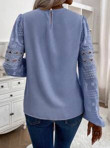 SHEIN LUNE Solid Hollow Out Bishop Sleeve Blouse - Blue - View 2