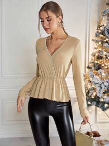 SHEIN Privé Surplice Neck Peplum Hem Glitter Blouse