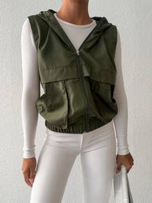 EURMUSE Zip Up Hooded Vest Jacket - Army Green - View 1