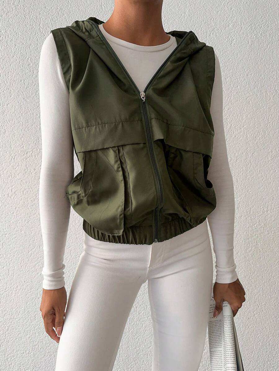 EURMUSE Zip Up Hooded Vest Jacket - Army Green - View 1