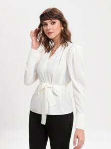 GENKIRA Sólido Com Cinto Blusa De Embrulho - Branco - Visão 4