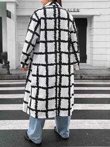 Flirla Plus Plaid Print Drop Shoulder Overcoat Fall Cloth For Women - Black and White - View 6