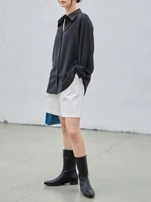 DAZY Chất rắn Thả vai Áo sơ mi - Màu xám đen - Xem 4