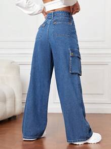 翻蓋口袋工裝牛仔褲 - 中等水洗藍 - 查看 2