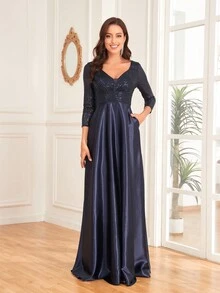 XUIBOL Contrast Sequin V Neck Formal Dress Elegant Prom Evening Wedding Guest Gown, For Graduation, Dinner - Navy Blue - View 8