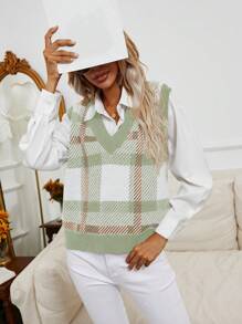 SHEIN Essnce 格紋圖案毛衣背心不帶襯衫 - 薄荷綠 - 查看 1