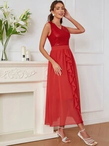 Eilly Bazar 對比色亮片荷葉邊連衣裙 - 紅色 - 查看 5