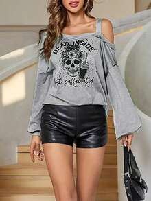 Women's Grey Knit Asymmetric Long Sleeve T-Shirt, Regular Length, Skull Print, Hollow-Out Design, Detailed Pattern - Grey - View 4