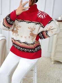 Calvaya 加上圣诞节图案高领落肩毛衣新年衣服 - 紅色 - 查看 5