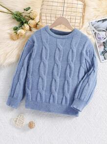 SHEIN 女大童麻花編織紙制絨球套頭毛衣 - 藍色 - 查看 1