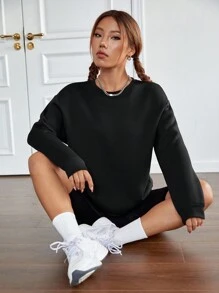 SHEIN EZwear 素色落肩袖運動衫 - 黑色 - 查看 3