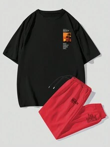 Manfinity Homme Men Slogan Graphic Tee & Drawstring Waist Sweatpants - Multicolor - View 3