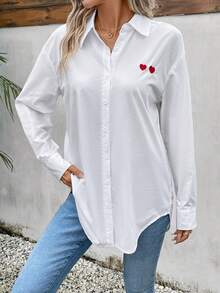 SHEIN Frenchy 愛心刺繡落肩袖襯衫 - 白色 - 查看 3