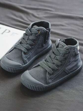 儿童中帮帆布运动鞋，韩版简约设计，男童/女童春秋款，低帮休闲系带运动训练鞋，经典低帮时尚休闲帆布鞋，男女通用儿童滑板鞋