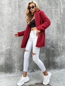 Eilly Bazar Solid Lapel Neck Teddy Coat - Burgundy - View 5