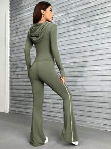 SHEIN EZwear Contrast Piping áo có mũ Áo khoác & Quần ống loe - xanh quân đội - Xem 2