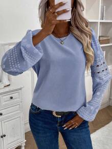 SHEIN LUNE Solid Hollow Out Bishop Sleeve Blouse - Blue - View 3